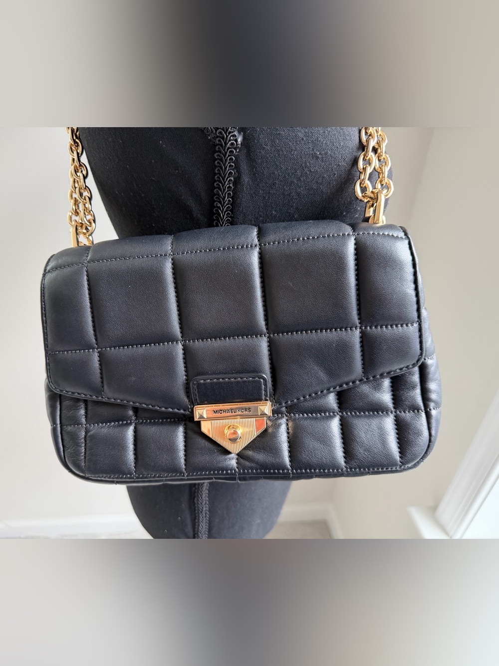 Michael Kors Black Quilted Leather Shoulder Bag with Gold Chain